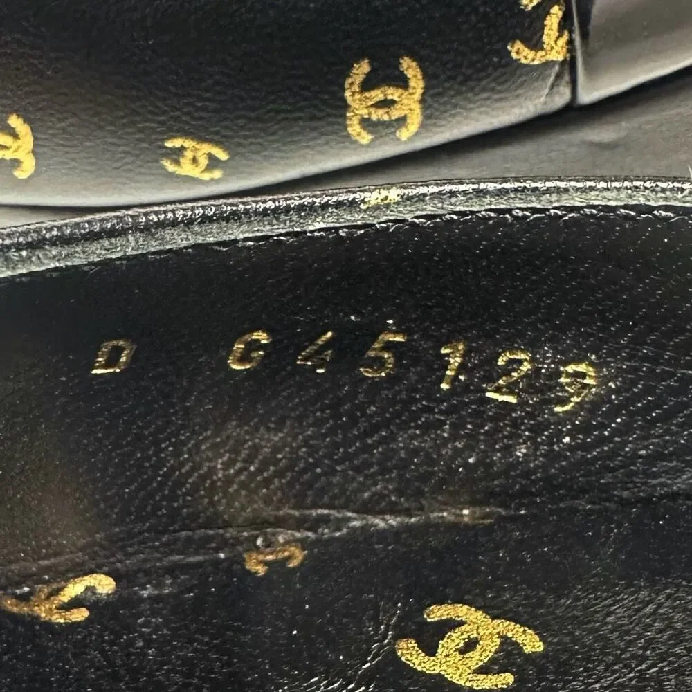 CHANEL 2023 All Over Interlocking CC Logo Black Heels Size 38 Platform Cap Toe